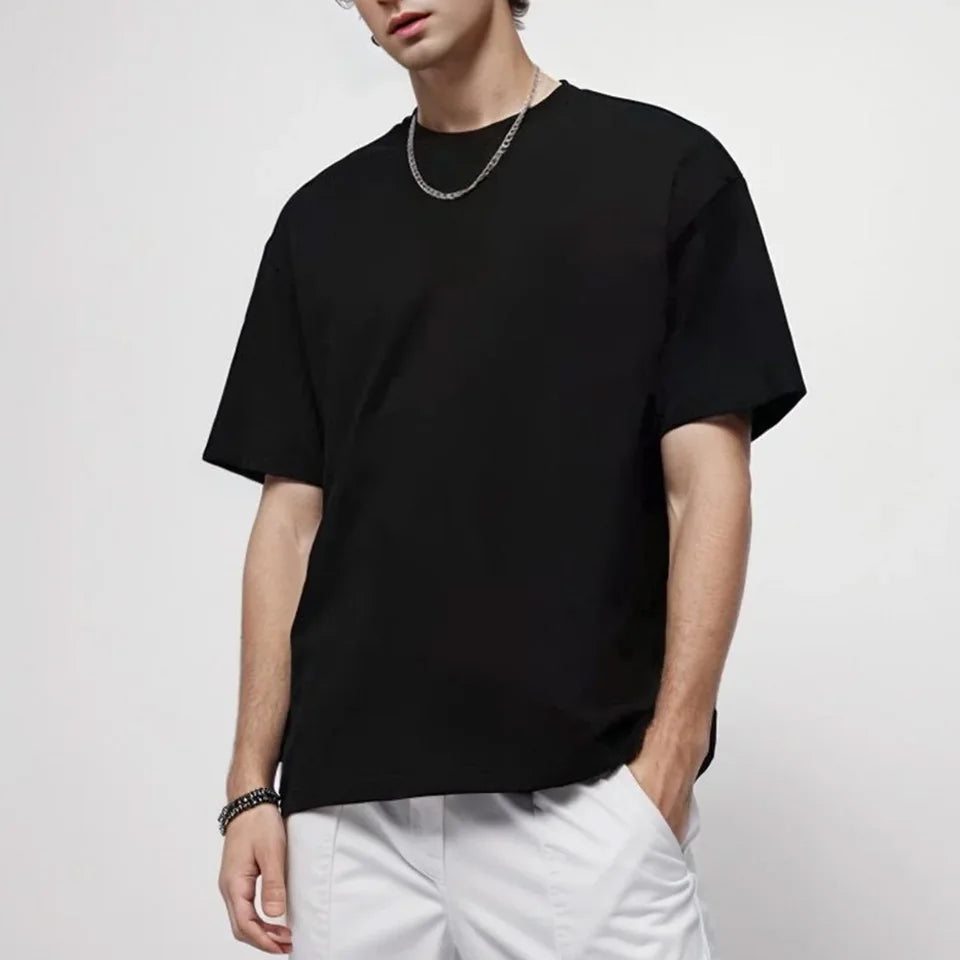 220Gsm Heavy Oversized Plain T-Shirt for Men Summer Highqualtity Short Sleeve Tee 100%Cotton Solid Color Trendy Casual White Top