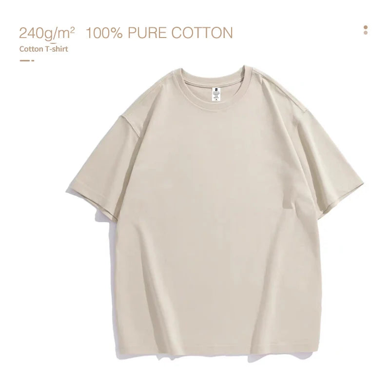 220Gsm Heavy Oversized Plain T-Shirt for Men Summer Highqualtity Short Sleeve Tee 100%Cotton Solid Color Trendy Casual White Top