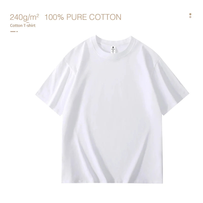 220Gsm Heavy Oversized Plain T-Shirt for Men Summer Highqualtity Short Sleeve Tee 100%Cotton Solid Color Trendy Casual White Top