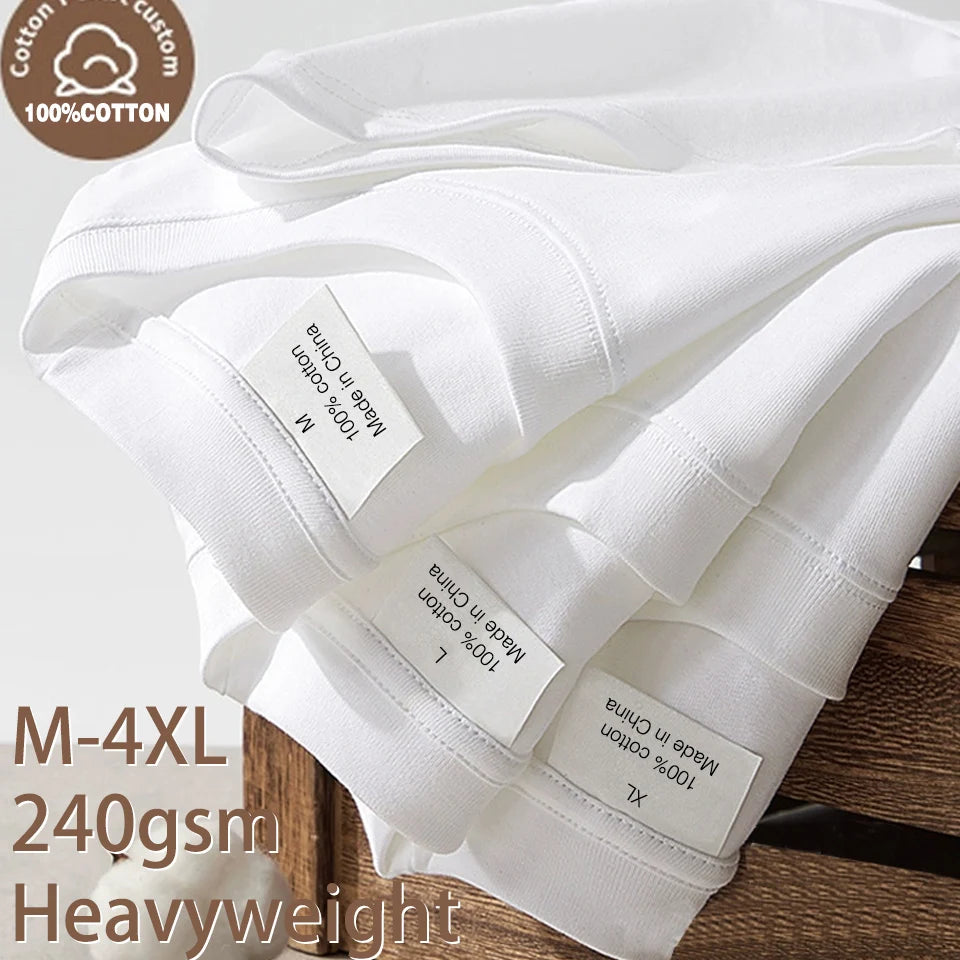 220Gsm Heavy Oversized Plain T-Shirt for Men Summer Highqualtity Short Sleeve Tee 100%Cotton Solid Color Trendy Casual White Top