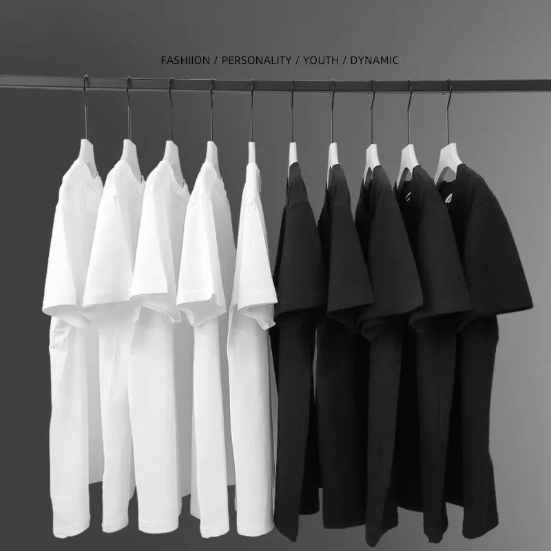 220Gsm Heavy Oversized Plain T-Shirt for Men Summer Highqualtity Short Sleeve Tee 100%Cotton Solid Color Trendy Casual White Top
