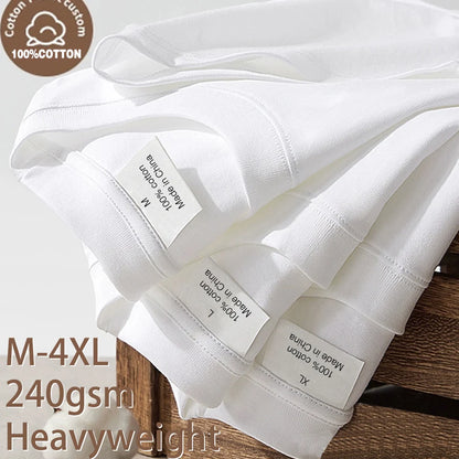 220Gsm Heavy Oversized Plain T-Shirt for Men Summer Highqualtity Short Sleeve Tee 100%Cotton Solid Color Trendy Casual White Top